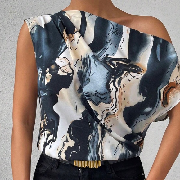 035 Marble Print One Shoulder Loose Fit Blouse - Picture 1 of 6